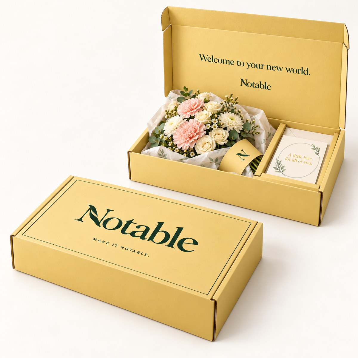 Soft Landing bouquet in its butter Notable box, closed box and open box