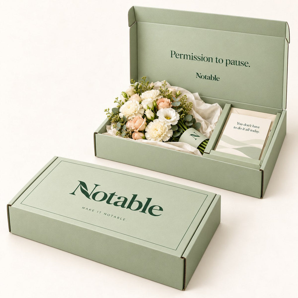 Soft Pause bouquet in its sage Notable box, closed box and open box