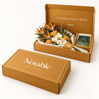 Standing Ovation bouquet in its ochre Notable box, closed box and open box