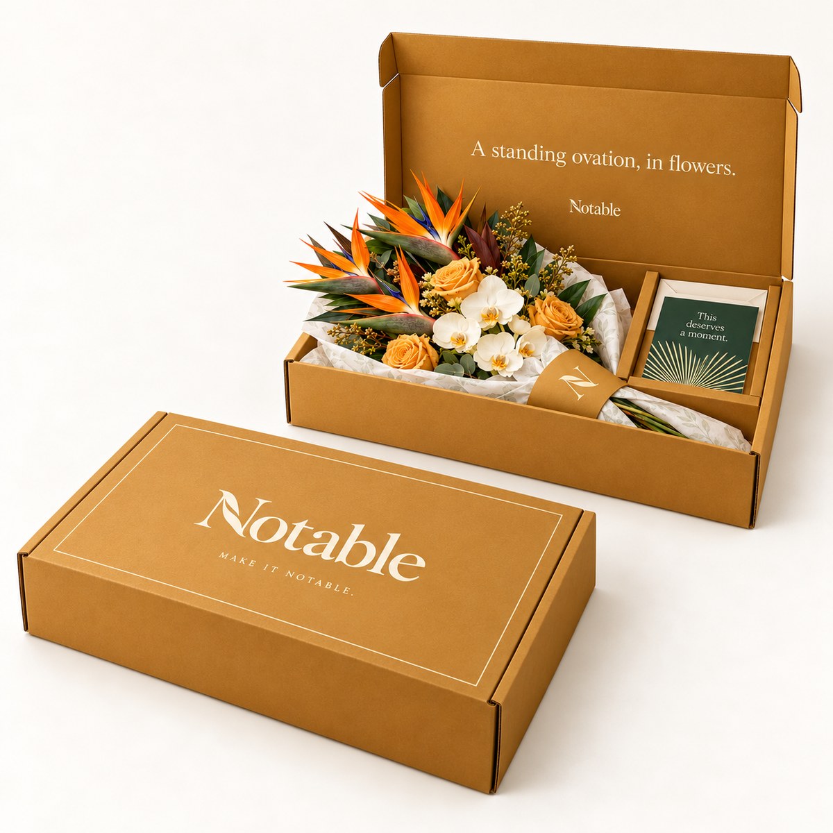 Standing Ovation bouquet in its ochre Notable box, closed box and open box