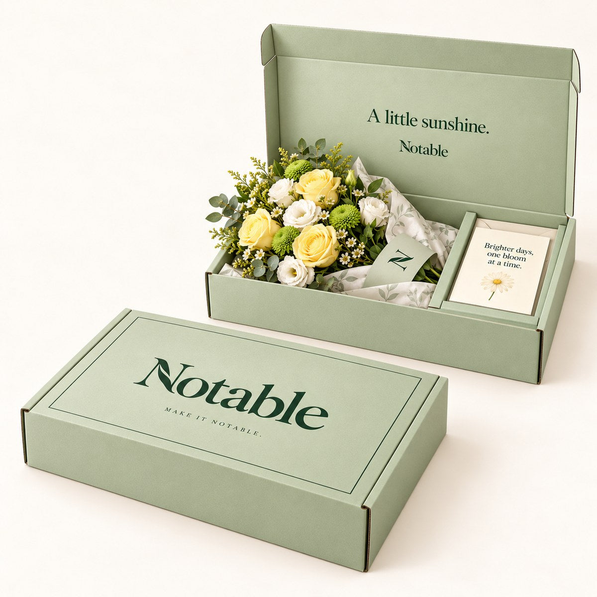 Sunlit Days bouquet in its sage Notable box, closed box and open box