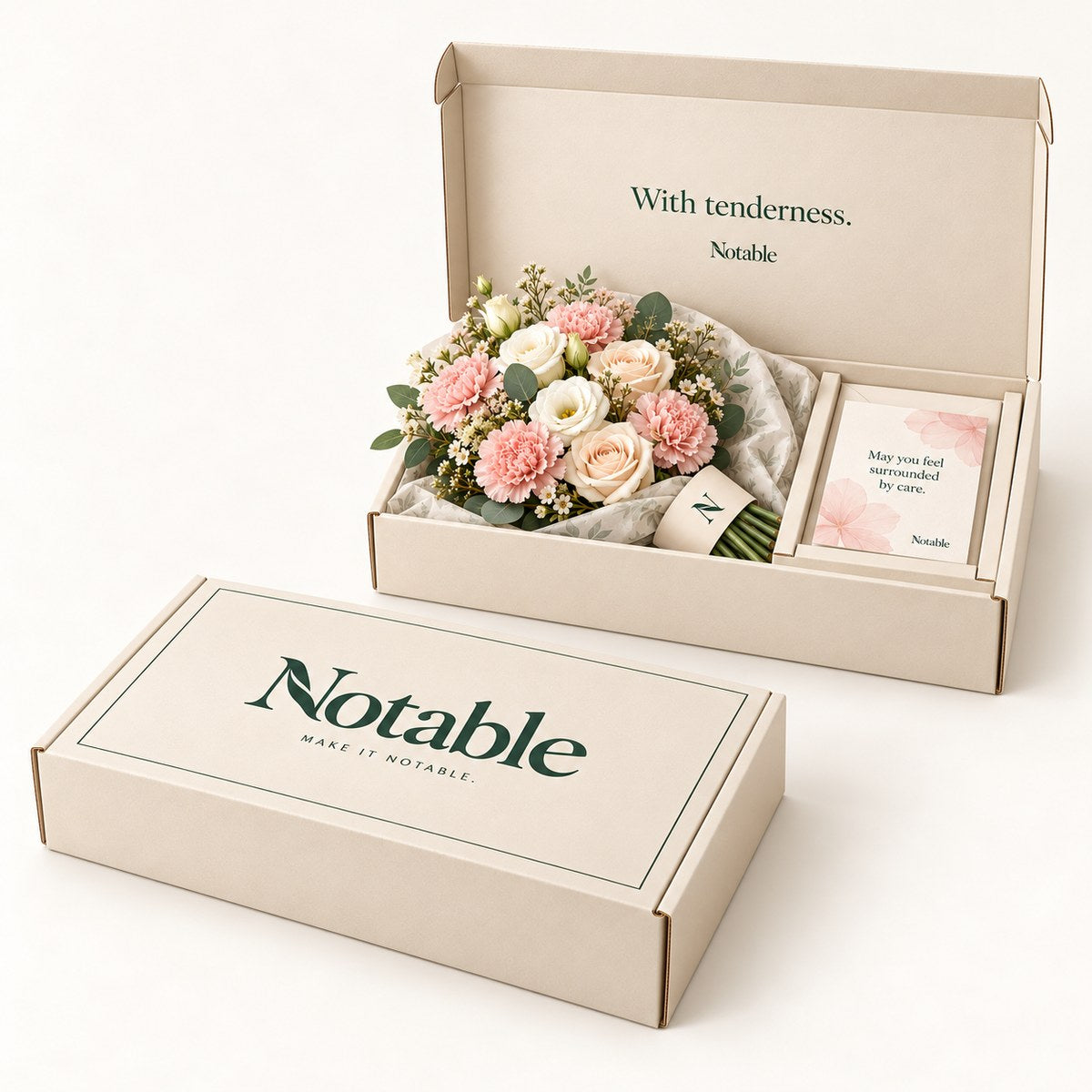 Tender Thoughts bouquet in its ivory Notable box, closed box and open box