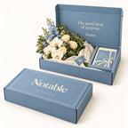 The Good Kind bouquet in its dusty blue Notable box, closed box and open box