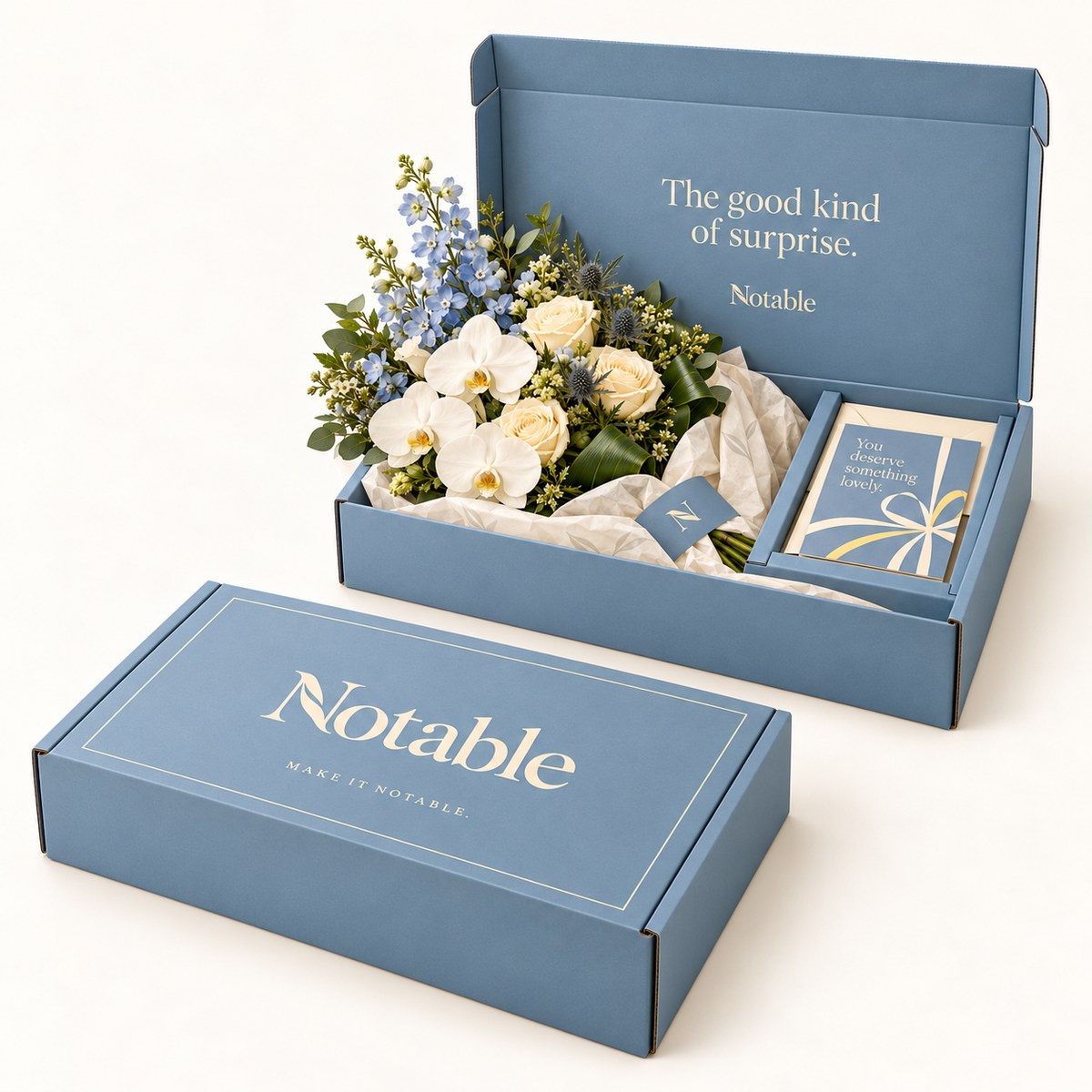 The Good Kind bouquet in its dusty blue Notable box, closed box and open box