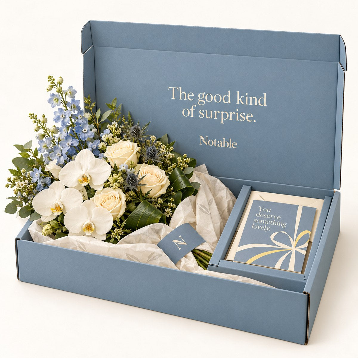 The Good Kind bouquet in its dusty blue Notable box
