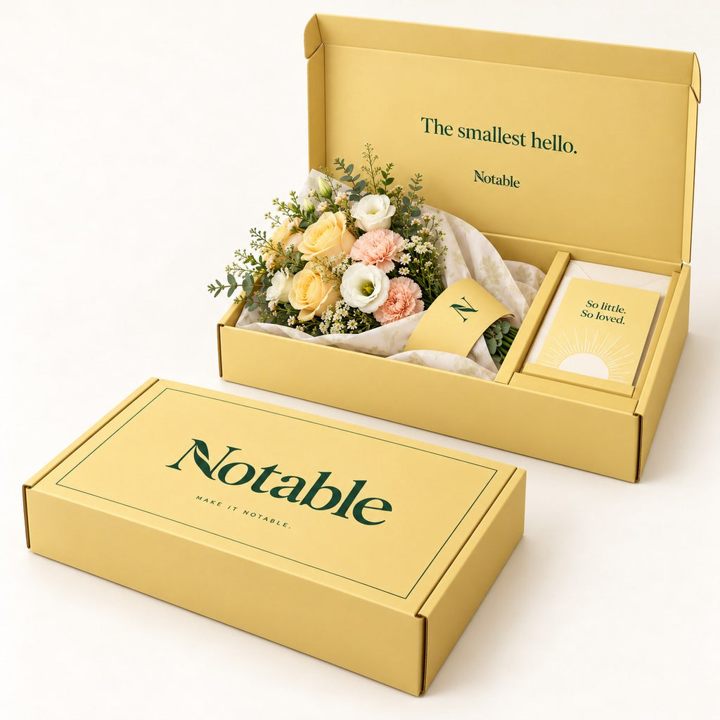 Tiny Sunrise bouquet in its butter Notable box, closed box and open box
