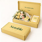 Tiny Sunrise bouquet in its butter Notable box, closed box and open box
