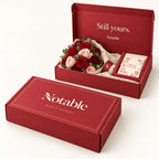 Velvet Promise bouquet in its cherry Notable box, closed box and open box