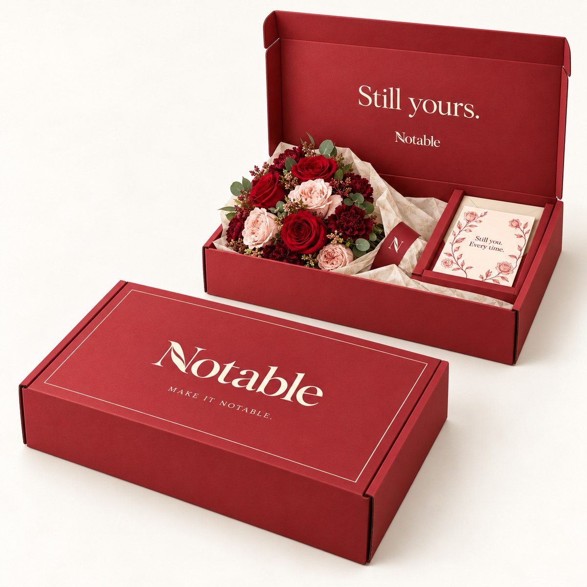 Velvet Promise bouquet in its cherry Notable box, closed box and open box